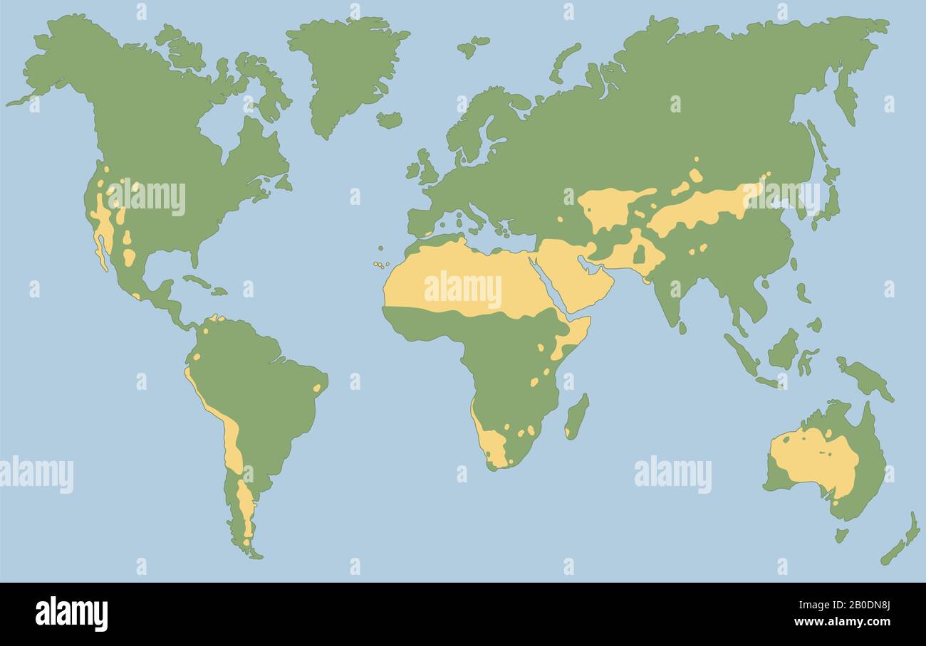 Les plus grands déserts du monde comme le Sahara, Gobi, Kalahari, Arabian, Patagonian et le désert du Grand bassin. Carte globale avec climat jaune désert. Banque D'Images