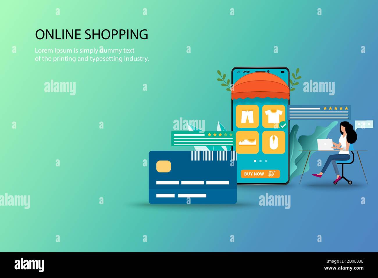 Concept d'affaires des achats en ligne, une femme recherche sur son ordinateur portable pour trouver un nouveau T-shirt et s'asseoir près d'une grande carte de crédit et smartphone. Illustration de Vecteur