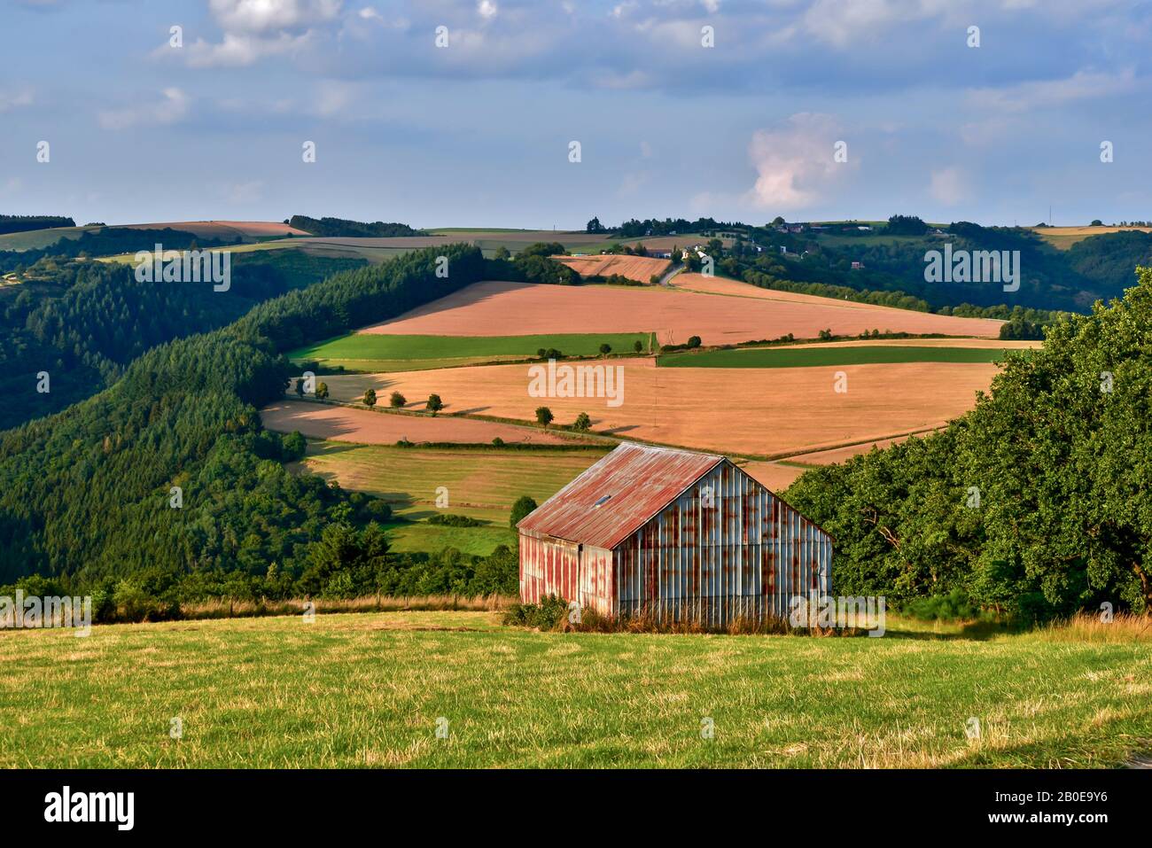 Grange agricole dans un paysage vallonné du Luxembourg Banque D'Images