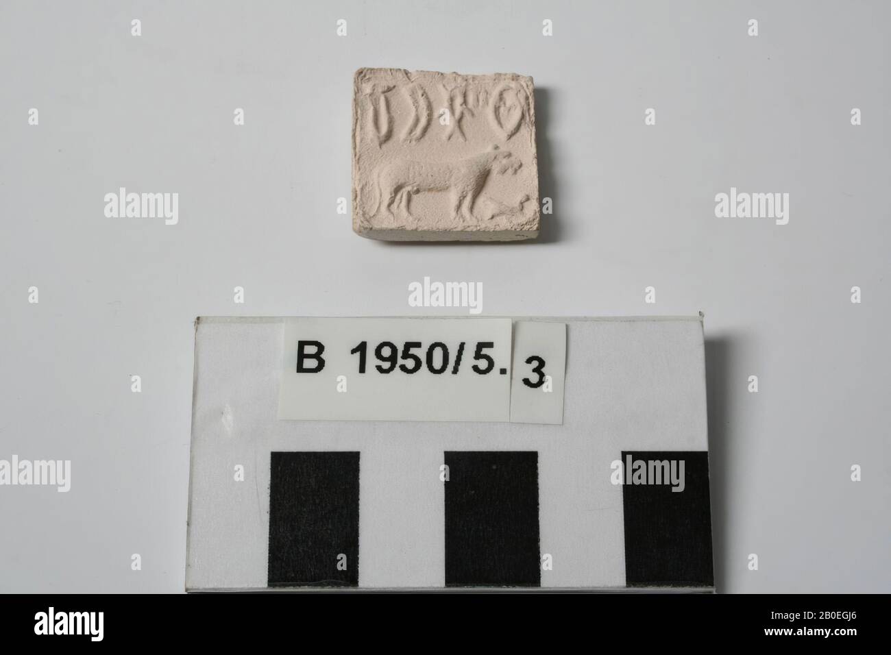 Cachet de plâtre d'un timbre rectangulaire de Mohenjo Daro., Seal, gypse, L 2 cm, W 2,2 cm, H 0,4 cm, Pakistan Banque D'Images