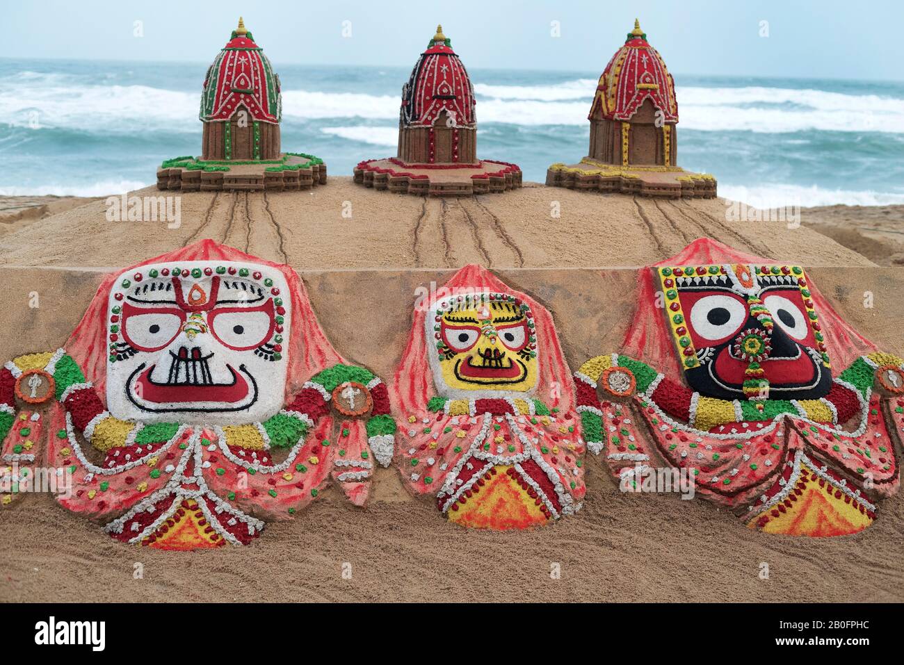 L'image de l'art du sable à la plage au festival de Rath Yatra à Puri, Odisha, Inde, Asie. Banque D'Images