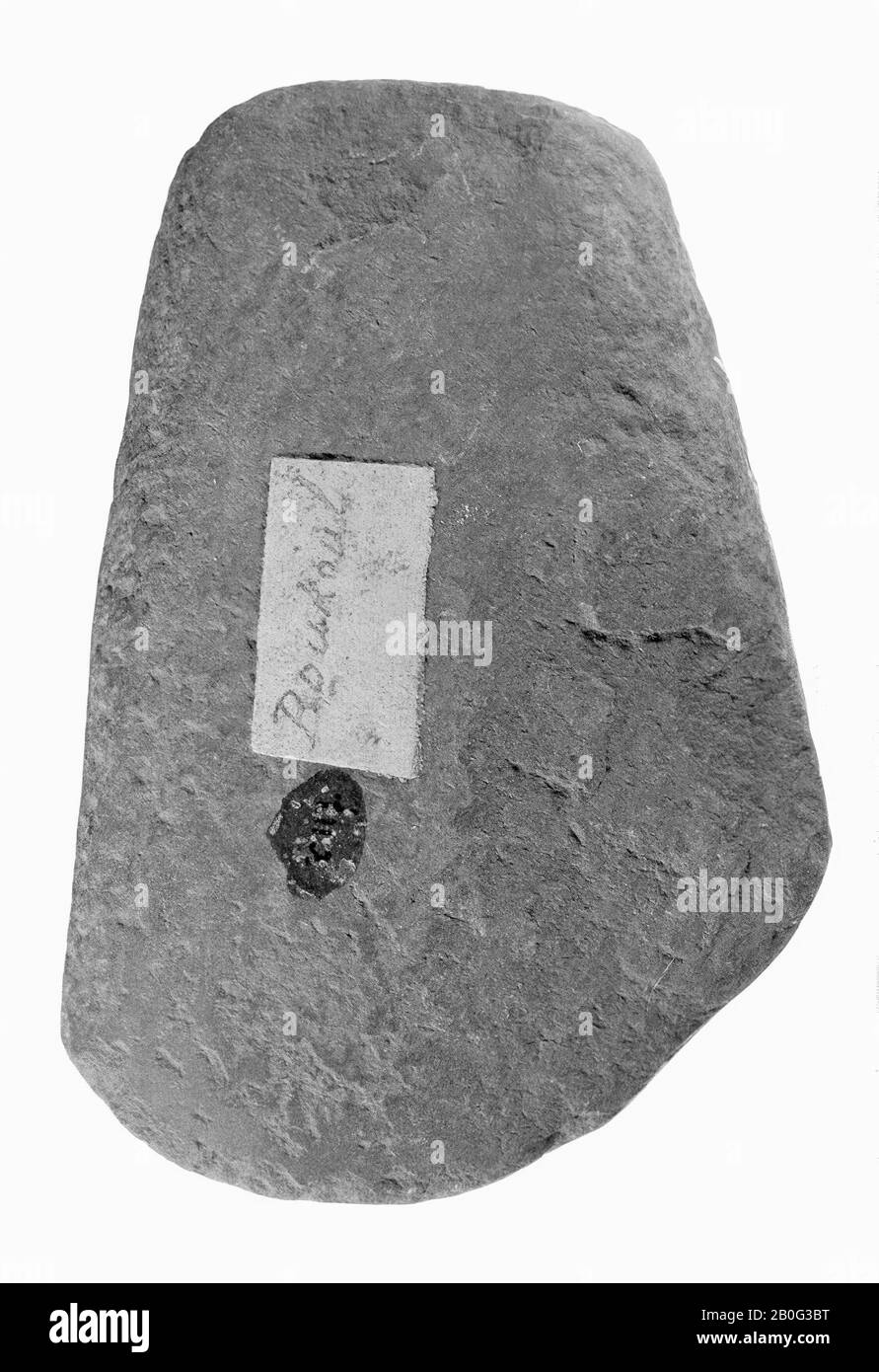 Grand morceau de hache de quartzite grise (semblable à Grauwacke) avec section ovale et dessus plat. Frappé par la technologie de cognement, les surfaces de coupe sur l'arête de coupe. Couper sévèrement beurré (utilisé comme pierre?), Ax, pierre, 9,2 x 6,8 cm, préhistorique -4000 Banque D'Images