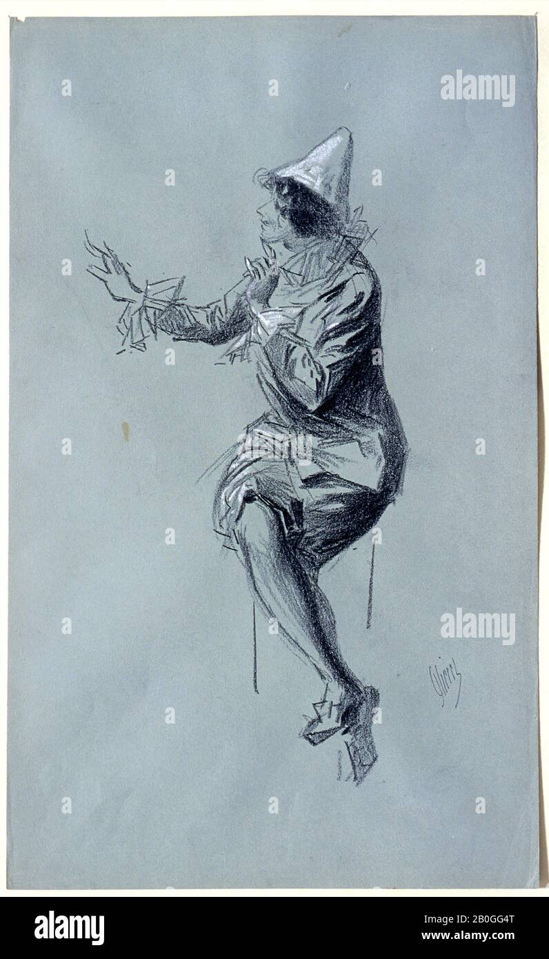 Jules Chéret, Français, 1836–1932, Clown Féminine Assise Face À Gauche, C. 1900, craie noire accentuée avec du blanc sur du papier bleu-gris, Globalement : 16 3/16 x 9 7/8 po. (41,1 x 25,1 cm Banque D'Images
