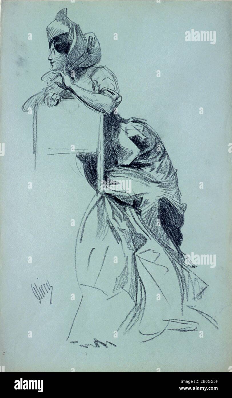 Jules Chéret, Français, 1836–1932, Femme penchant sur le dos d'une chaise, Face à gauche, c. 1900, craie noire sur papier bleu-verdâtre, Total : 15 3/4 x 9 7/8 po. (40 x 25,1 cm Banque D'Images