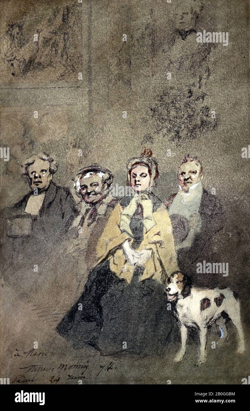 Henry Bonaventure Monnier, français, 1799 ou 1805–1877, famille et chien, 1874, aquarelle renforcée avec gouache blanc sur croquis au crayon noir sur papier, Dans L'Ensemble: 8 15/16 x 5 13/16 in. (22,7 x 14,8 cm Banque D'Images