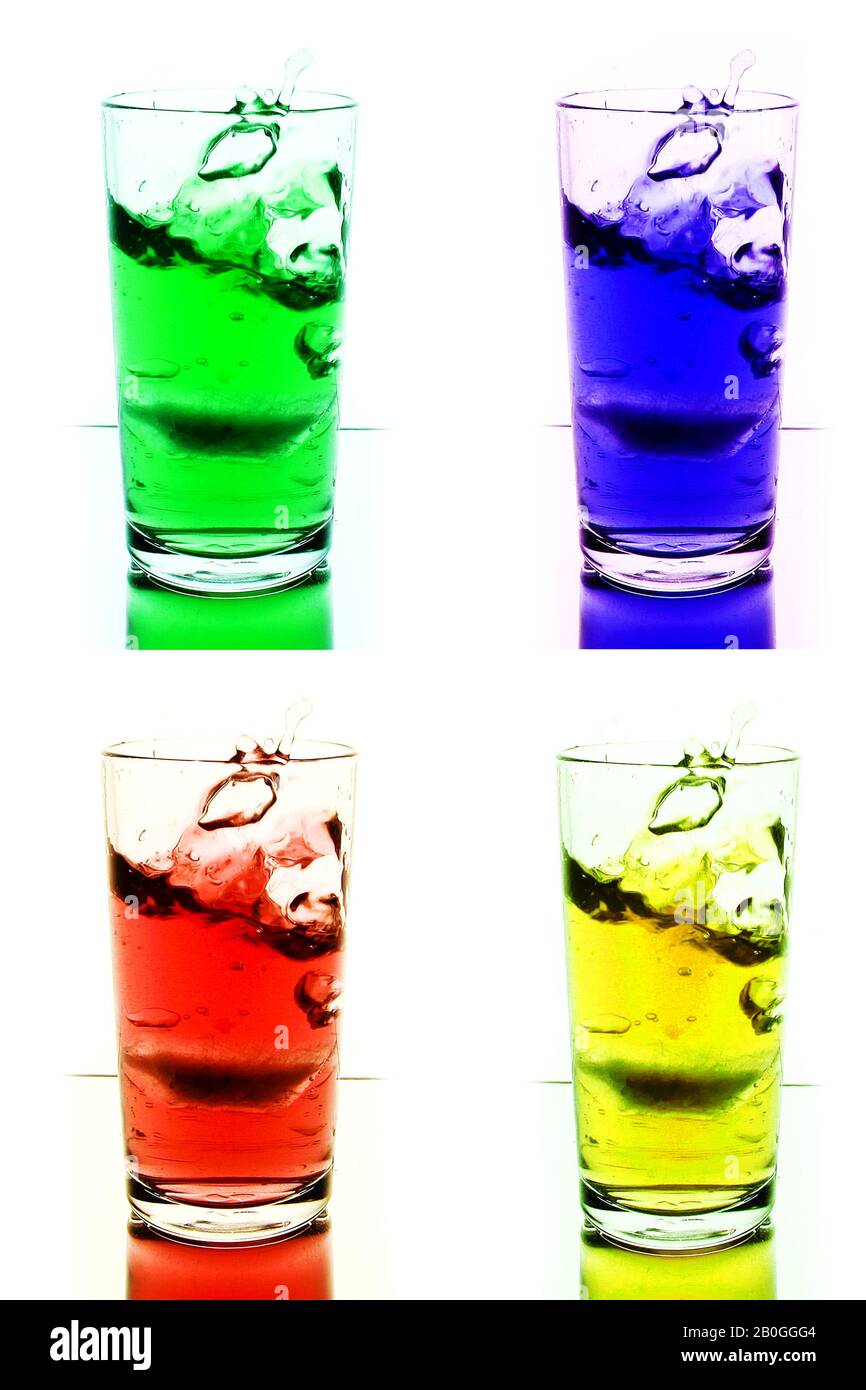 4 boisson rafraîchissante aromatisée aux fruits avec glace, pop art Banque D'Images
