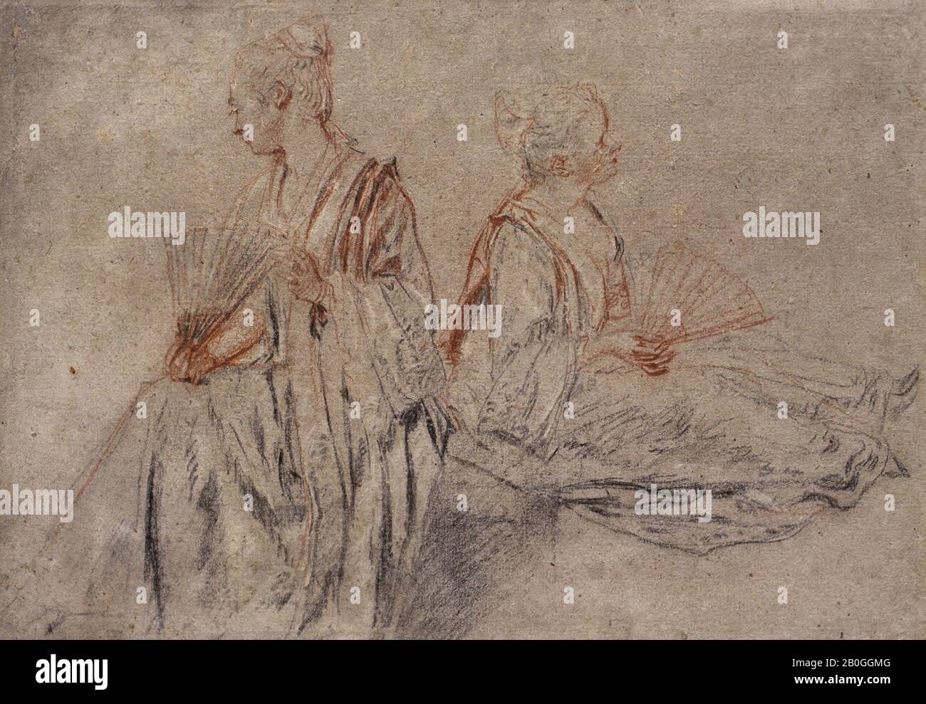 Jean-Antoine Watteau, français, 1684–1721, Deux études d'une femme avec un ventilateur, probablement avant 1716, craie noire et rouge et traces de craie blanche sur papier gris-brun clair, Globalement : 9 3/4 x 13 15/16 po. (24,8 x 35,4 cm Banque D'Images