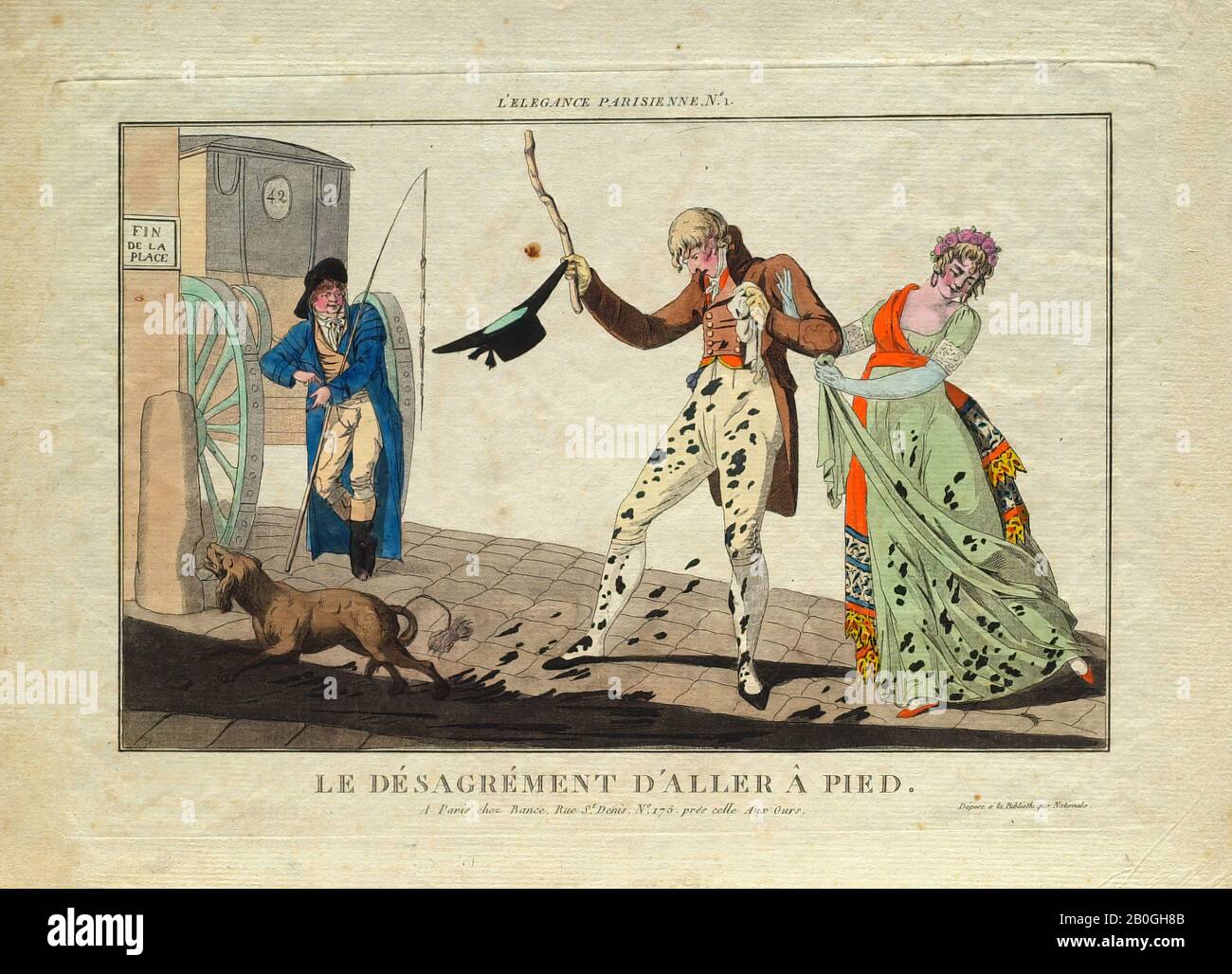 Inconnu, l'Elégance parisienne, no 1 : le Désagrement d'aller â pied, c. 1805, gravure De couleur Manuelle sur papier, Total : 6 11/16 x 10 5/8 in. (17 x 27 cm Banque D'Images