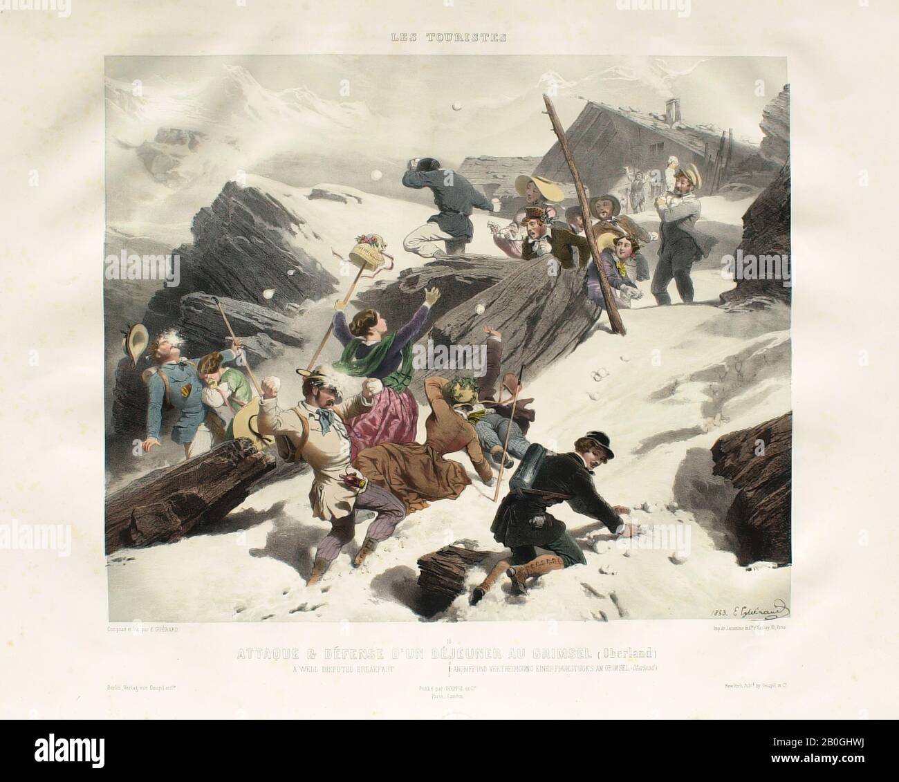 Eugène Charles François Guérard, français, 1821–1866, les Touristes #16 : attaque et Défense d'un jeune au Grimsel (Oberland), 1853, Chromolitographe, partiellement de couleur main, sur papier vélin, image : 14 9/16 x 17 5/8 in. (37 x 44,8 cm Banque D'Images