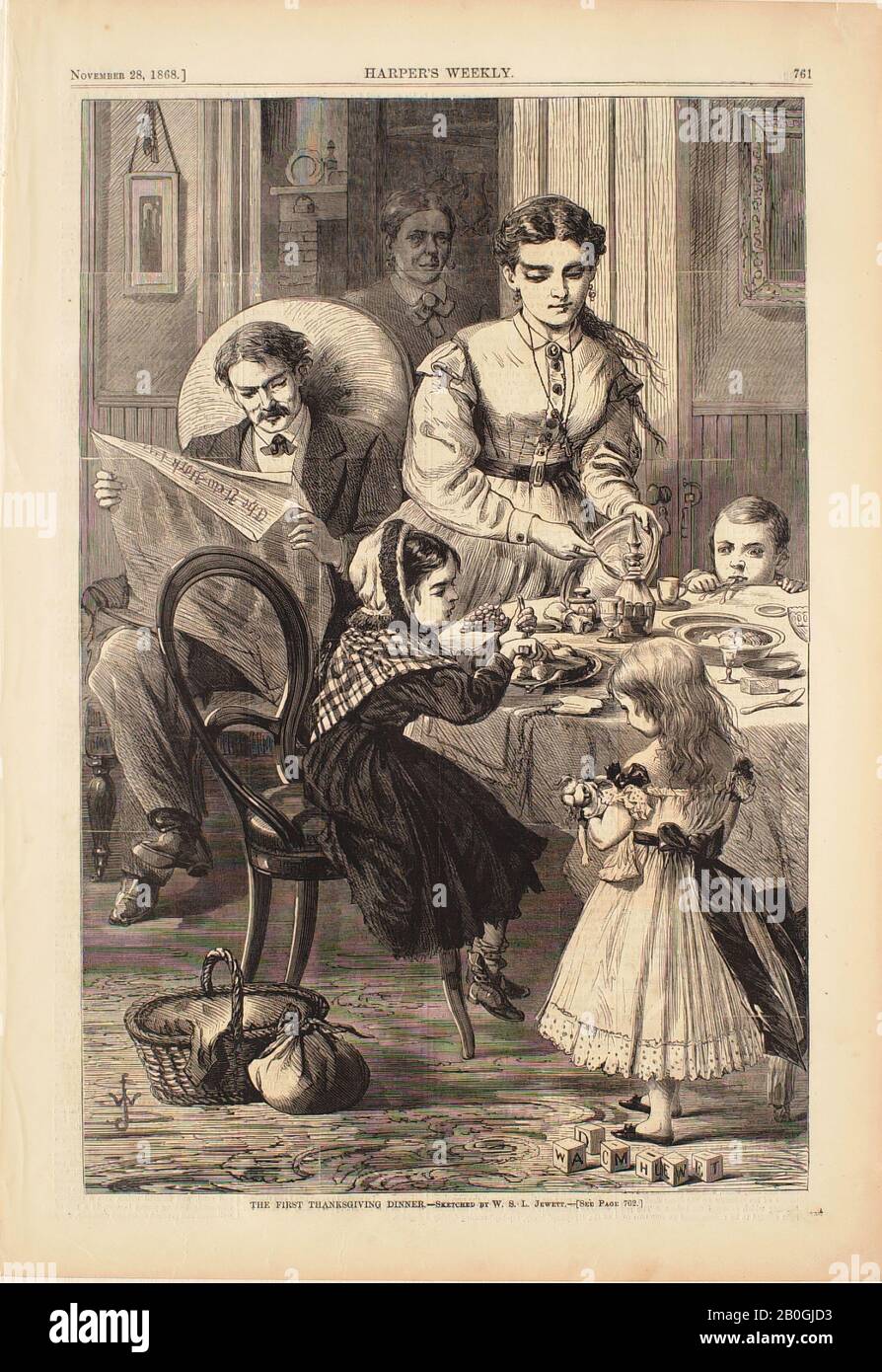 William Smith Jewett, américain, 1812–1873, Le premier Dîner de Thanksgiving, De Harper's Weekly, 1868, gravure sur papier, image : 13 3/4 x 9 1/8 in. (34,9 x 23,1 cm Banque D'Images