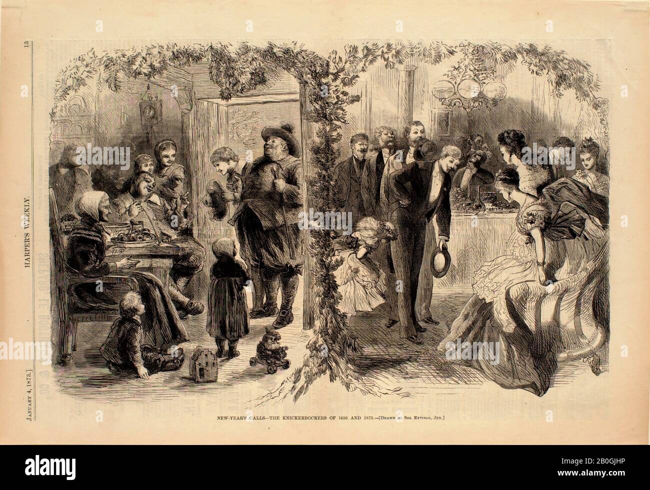 Solomon Eytinge, américain, 1833–1905, Appels du nouvel an : Les Knickerbockers de 1650 et 1873, 1873, gravure sur papier, image : 9 1/4 x 13 3/4 po. (23,5 x 35 cm Banque D'Images