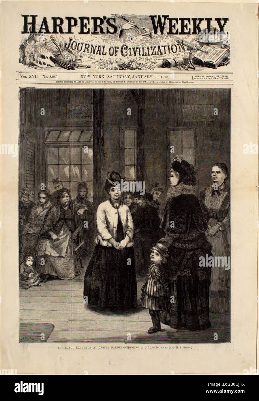 Margaret L. Stone, américaine, active au XIXe siècle, Le Labour Exchange au Castle Garden—Choix d'une fille, 1873, gravure sur papier, image: 11 x 9 1/8 in. (27,9 x 23,1 cm Banque D'Images Margaret L. Stone, américaine, active au XIXe siècle, Le Labour Exchange au Castle Garden—Choix d'une fille, 1873, gravure sur papier, image: 11 x 9 1/8 in. (27,9 x 23,1 cm Banque D'Images