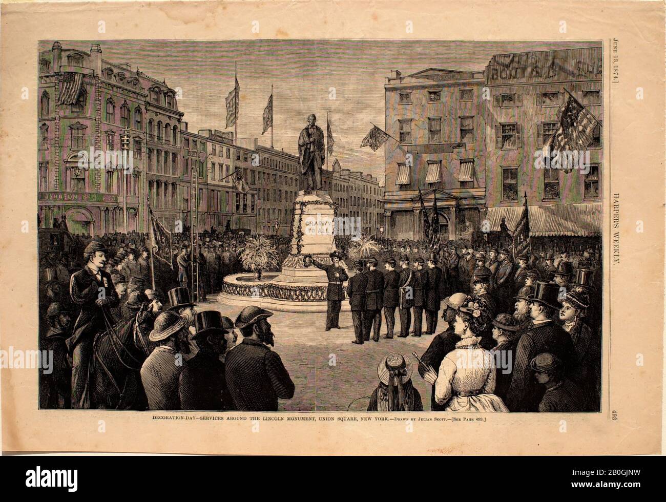 Julian Scott, américain, 1864–1901, Décoration Day—Services autour du Lincoln Monument, Union Square, New York, 1874, gravure sur papier, image : 9 3/16 x 13 7/8 po. (23,3 x 35,3 cm Banque D'Images