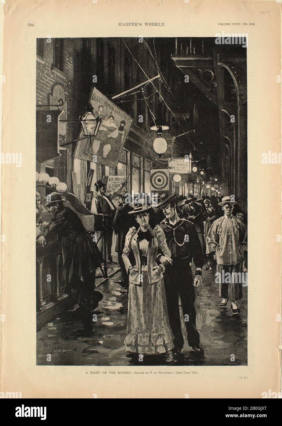 Thure Thulstrup, américaine, 1848–1930, Helen N. Rhodes, (américaine, décédée en 1938), une nuit sur la Bowery, De Harper's Weekly, vol. 35, 1891, gravure sur papier, image : 13 9/16 x 8 3/4 in. (34,5 x 22,2 cm Banque D'Images