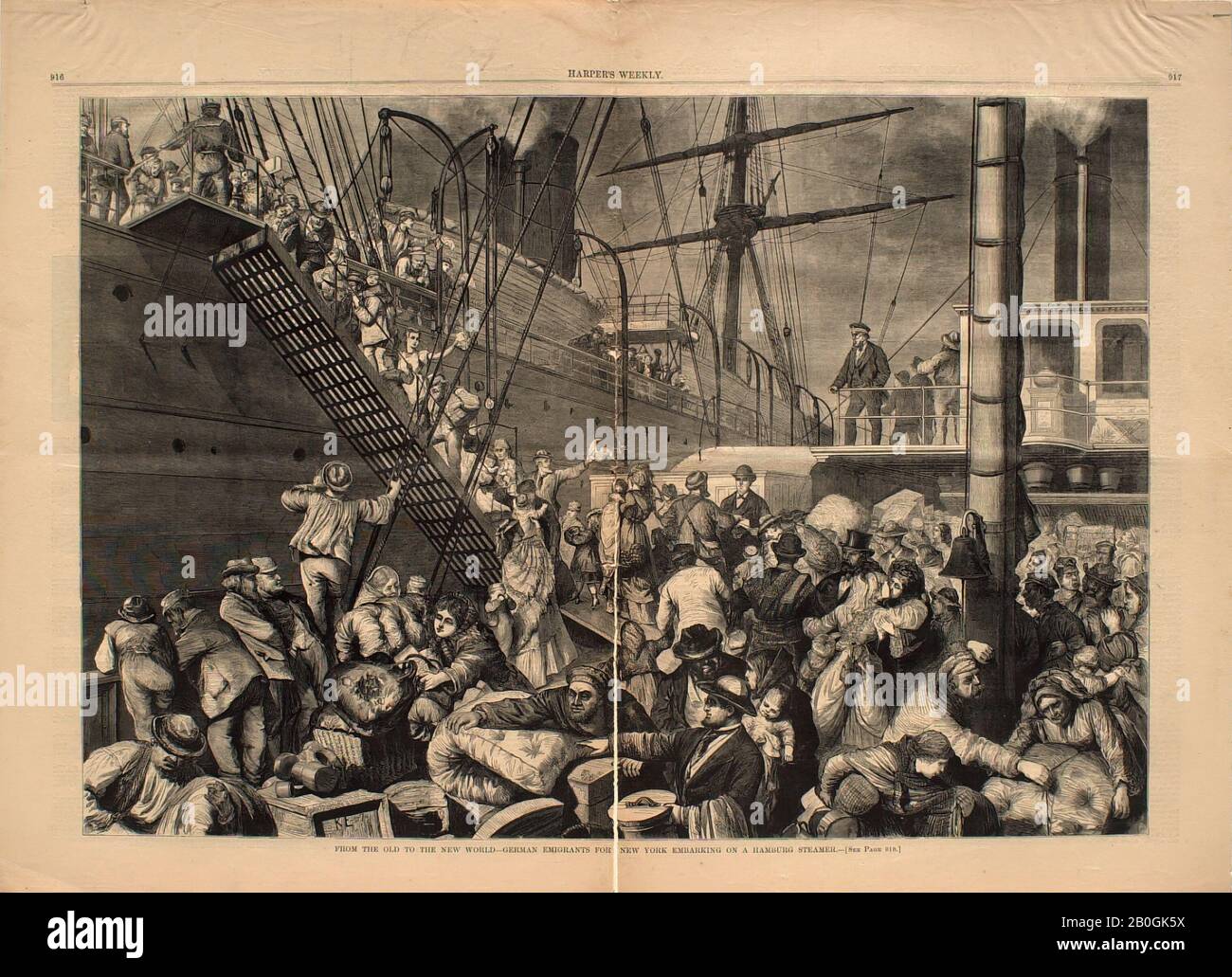 K. E., américain, XIXe siècle, De l'ancien monde au Nouveau monde – émigrants allemands pour l'Embarquement à New York...Steamer, 1874, gravure sur papier, image : 13 9/16 x 19 5/8 in. (34,5 x 49,9 cm Banque D'Images