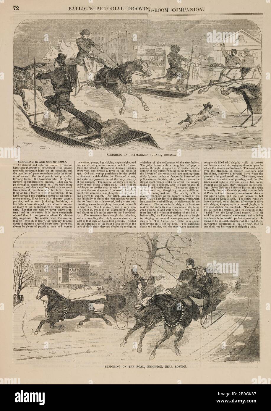 Après Winslow Homer, américain, 1836–1910, Traîneau à Haymarket Square, Boston; Traîneau sur la route, Brighton, près de Boston, Du Ballou's PicDrawing-Room Companion, vol. 16, 29 janv. 1859, gravure sur bois sur papier journal, photo du dessus : 4 15/16 x 9 7/16 po. (12,5 x 23,9 cm Banque D'Images