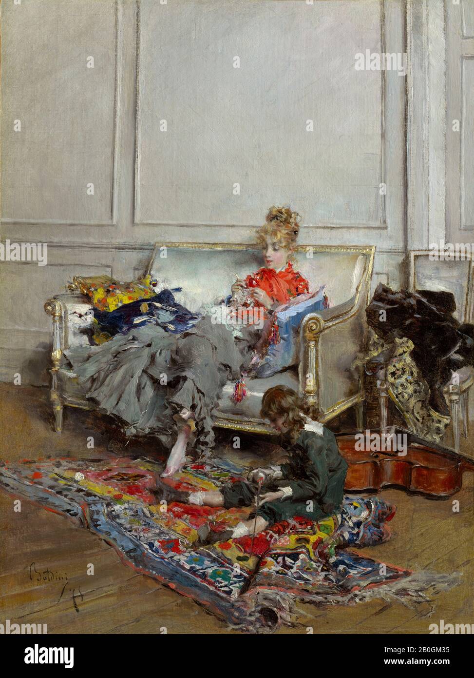 Giovanni Boldini, italien, 1842–1931, jeune femme Crocheting, 1875, huile sur toile, 14 1/4 x 10 13/16 in. (36,2 x 27,4 cm Banque D'Images