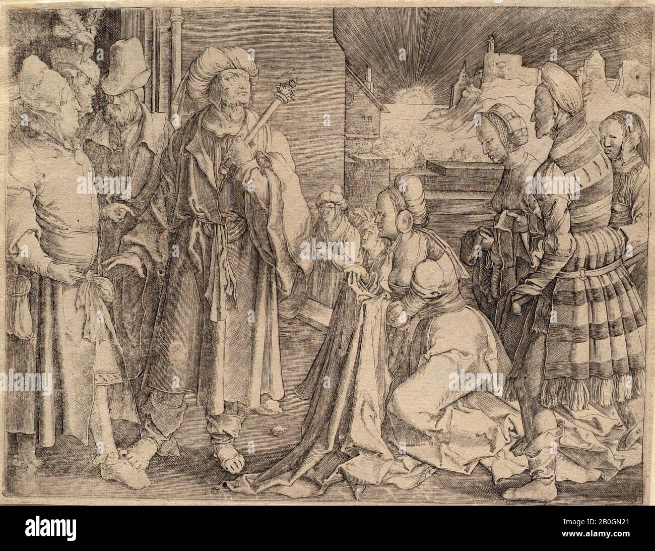 Après Lucas van Leyden, Netherlandish, ch. 1494–1533, Épouse de Potiphar Accusant Joseph, Gravure sur papier ponté, image : 4 3/4 x 2 5/16 in. (12,1 x 5,9 cm Banque D'Images