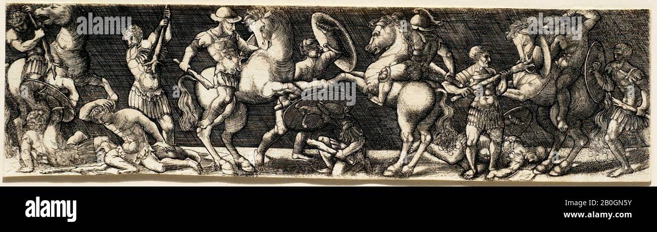Maître I. B., allemand, actif c. 1523–1530, combat des gladiateurs sur le cheval et Le Pied, XVIe siècle, Gravure (?) sur papier vélin, feuille: 1 7/8 x 6 7/8 po. (4,8 x 17,4 cm Banque D'Images