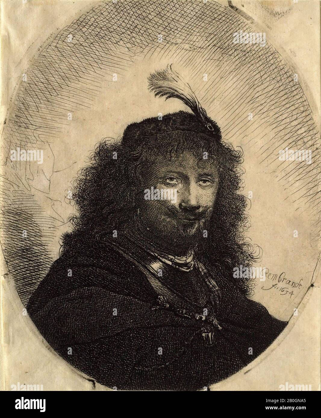Après Rembrandt van Rijn, néerlandais, 1606–1669, Autoportrait avec bouchon en plomberie et sabre Abaissé, 1636–1800, gravure sur papier posé, Globalement : 4 15/16 x 3 15/16 po. (12,5 x 10 cm Banque D'Images