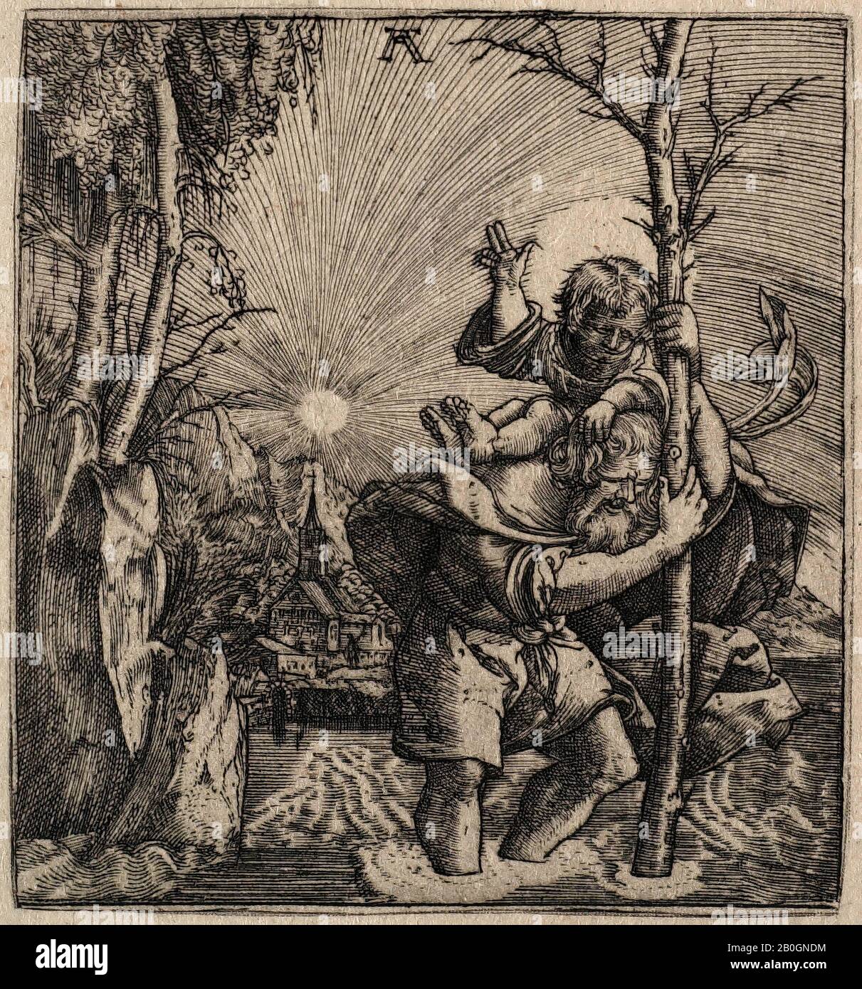 Après Albrecht Altdorfer, allemand, 1480–1538, Saint Christopher, 1500–1800, Gravure sur papier, image : 2 7/16 x 2 1/4 po. (6,2 x 5,7 cm Banque D'Images