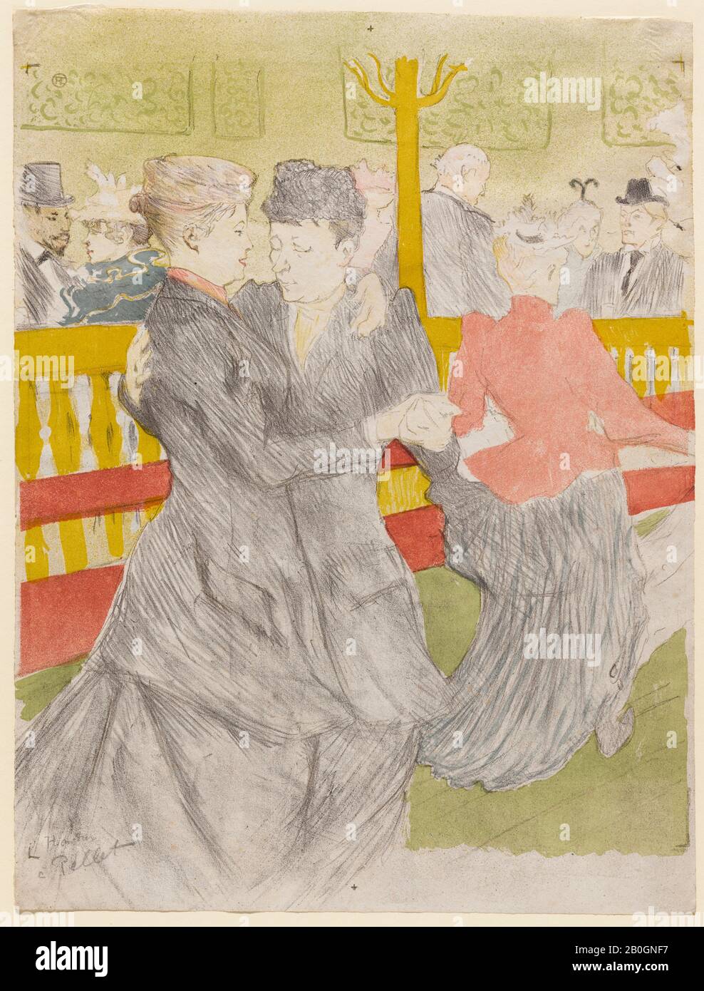 Henri de Toulouse-Lautrec, français, 1864–1901, danse au Moulin Rouge, 1897, Lithographe imprimé en gris-noir, bleu-gris, rouge, jaune et vert sur papier ciré, image : 18 1/2 x 14 po. (47 x 35,5 cm) ; Banque D'Images