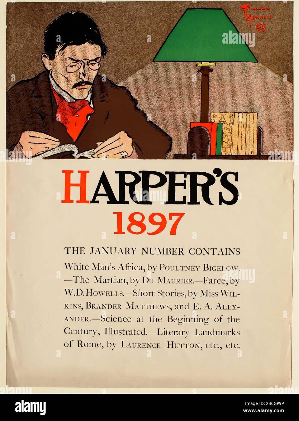 Edward Penfield, américain, 1866–1925, Man Reading, janvier 1897 Harper's, 1897, Zincographe sur papier, feuille : 18 5/16 x 13 9/16 in. (46,5 x 34,4 cm Banque D'Images