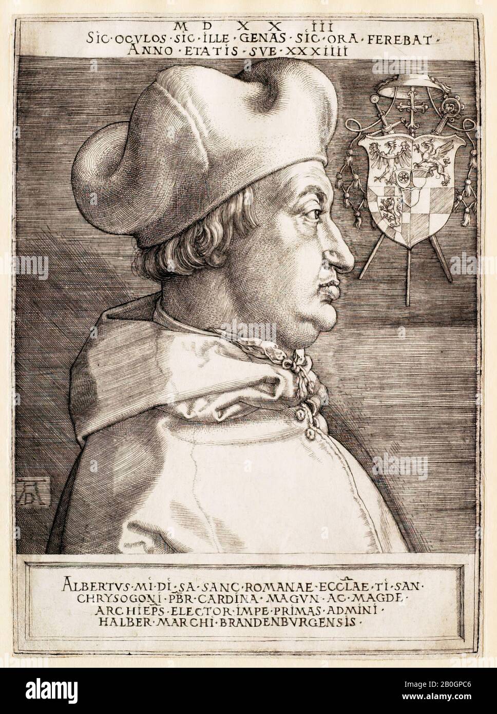 Albrecht Dürer, allemand, 1471–1528, Cardinal Albrecht de Brandebourg (Le Grand Cardinal), 1523, Gravure sur papier, Total: 6 15/16 x 5 po. (17,6 x 12,7 cm Banque D'Images