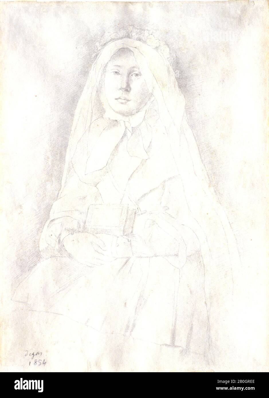 Hilaire-Germain-Edgar Degas, Français, 1834–1917, Marguerite de Gas in Confirmation Dress, 1854, crayon sur papier blanc, Total : 12 5/8 x 9 3/8 in. (32,1 x 23,8 cm Banque D'Images