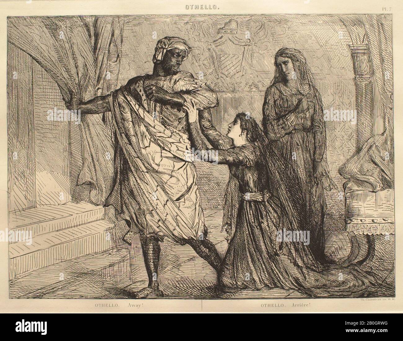 Théodore Chassériau, Français, 1819–1856, Othello Suite: No 7 (Act 3, scène 4: Othello et Desdemona), 1844, gravure sur papier, image: 9 1/4 x 12 11/16 in. (23,5 x 32,2 cm Banque D'Images