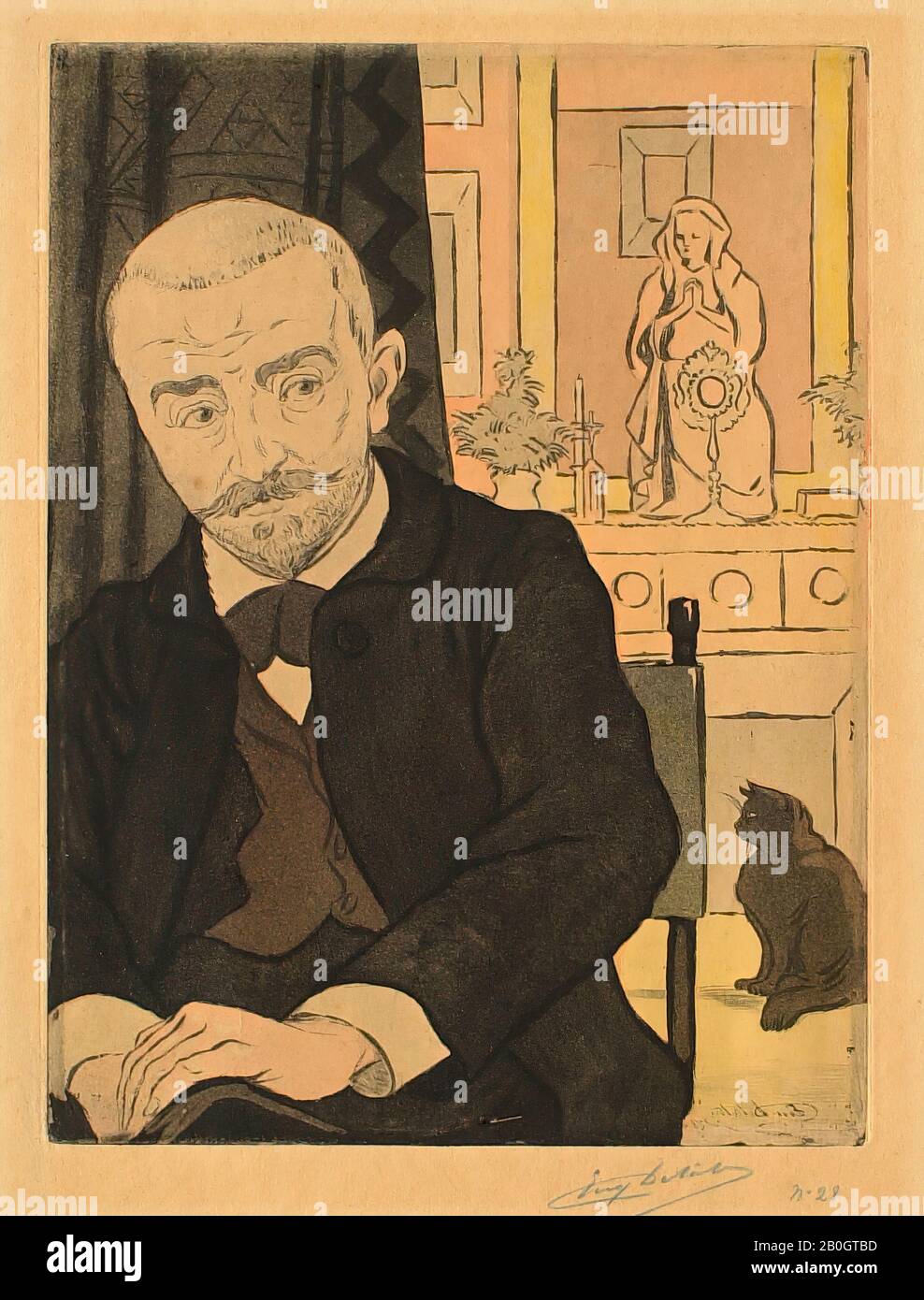 Eugène Delatre, français, 1864–1938, Huysmans et Son chat, 1893–1895, gravure au sol doux et aquatint de couleur sur du papier vélin, image : 12 5/8 x 9 5/16 in. (32 x 23,7 cm Banque D'Images