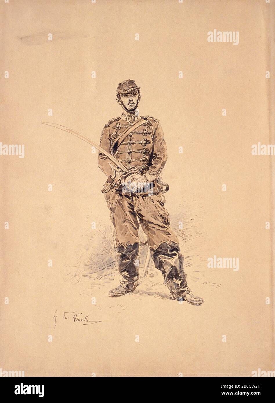 Alphonse de Neuville, français, 1835–1885, Au Repos, c. 1874, encre plume et marron et lavage brun et gris sur un dessin de crayon pâle sur carton décoloré., Dans L'Ensemble : 14 x 10 3/8 po. (35,5 x 26,3 cm Banque D'Images