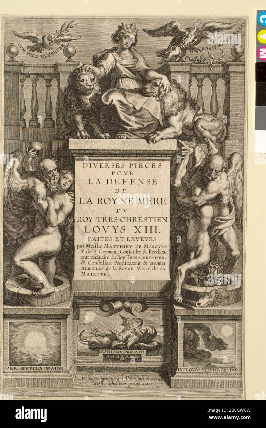 Cornelis Galle I, Flamande, 1576–1650, Après Peter Paul Rubens, (Flamand, 1577–1640), Frontispiece pour Matthew de Morgues, Diversations pour la défense de la Reyne, 1637, Gravure sur papier, feuille: 11 1/4 x 7 3/16 in. (28,5 x 18,2 cm Banque D'Images