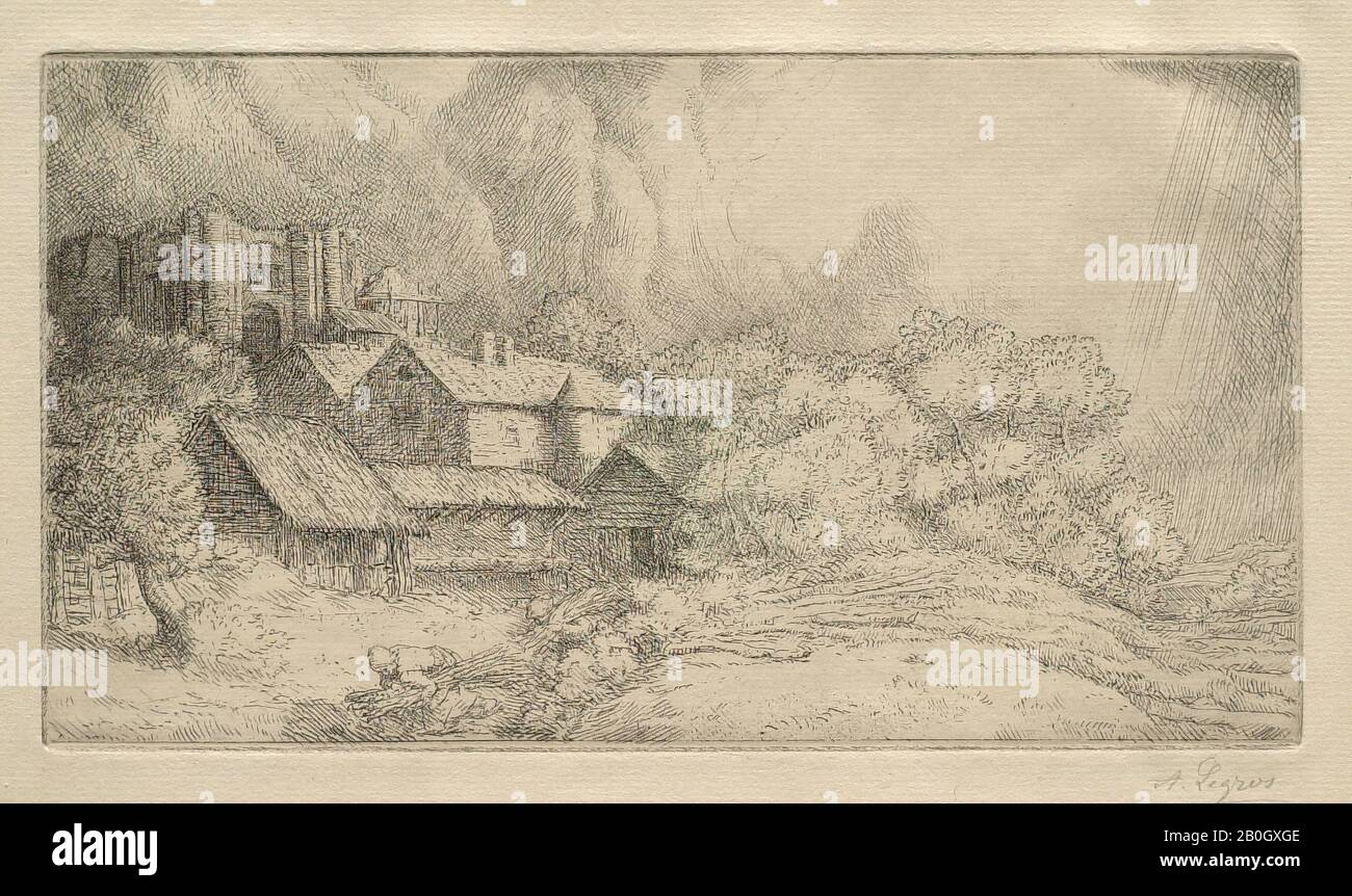 Alphonse Legros, français, 1837–1911, Abbey Farm, gravure sur papier ponté, image : 5 1/2 x 9 13/16 po. (14 x 24,9 cm Banque D'Images