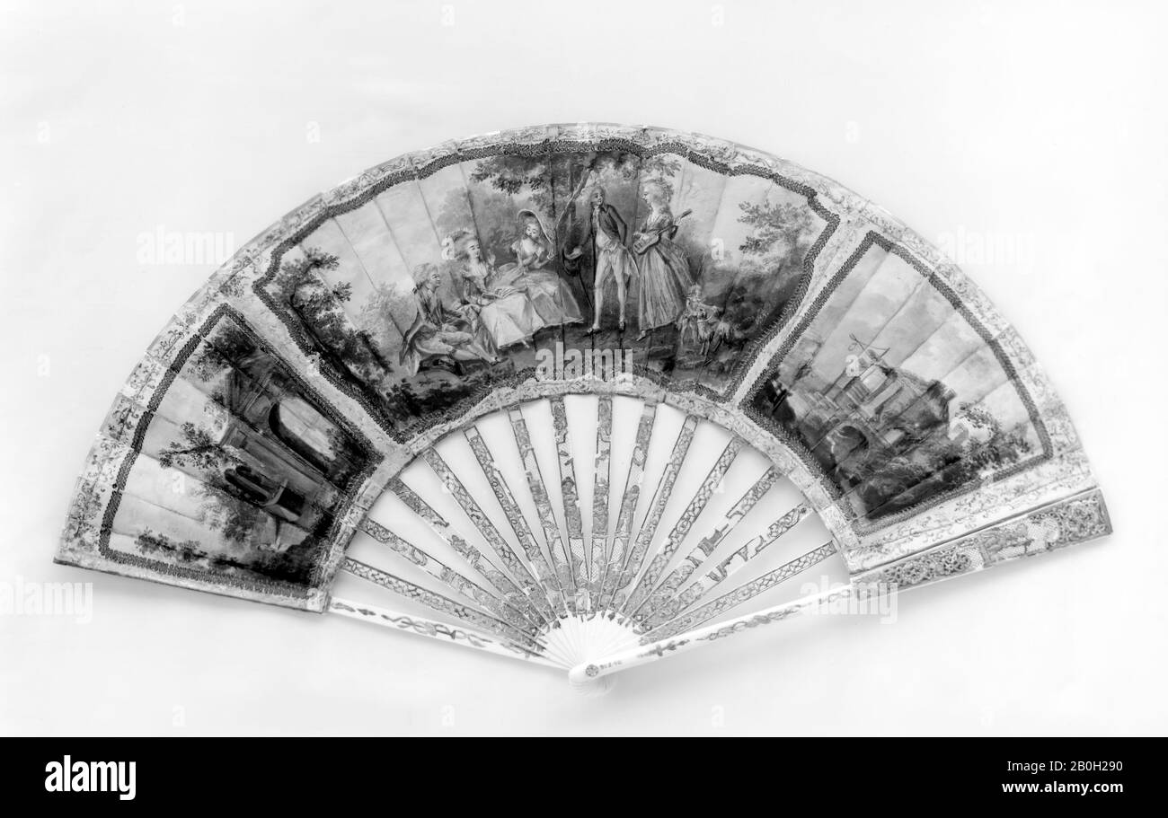 Fan, français, CA. 1785, français, soie, ivoire, 11 1/4 x 20 1/2 po. (28,6 x 52,1 cm), Ventilateurs Banque D'Images