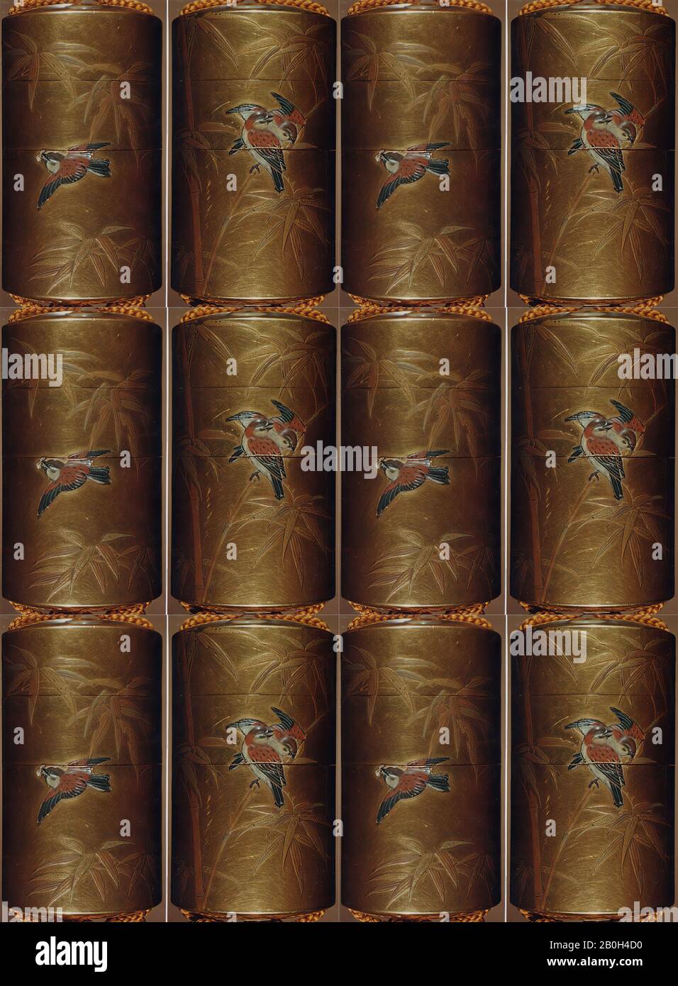 Inrō avec Sparrows et Bamboo, Japon, période Meiji (1868–1912), Date milieu du XIXe–début du XXe siècle, Japon, Deux caisses; bois laqué avec or et argent hiramaki-e, togidashimaki-e, découpes de feuilles d'or, et incrustations d'ivoire colorées sur laque d'or Netsuke: Type kagibuta, avec bois d'éclat de bambou et de métal Ojime; perle en porcelaine bleu et blanc, 3 1/2 x 1 15/16 x 1 1/4 in. (8,9 x 4,9 x 3,2 cm), Inrō Banque D'Images