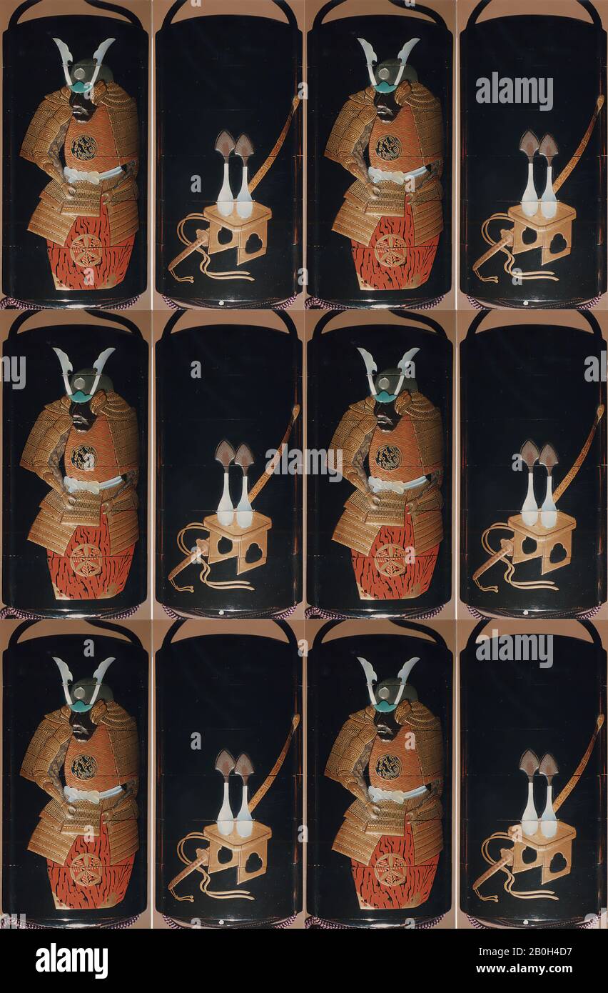 Yamada Jōkasai (1681–1704), case (Inrō) avec conception D'Un Costume d'armure (obverse); Flats for Boys Festival (inverse), Japon, Edo Period (1615–1868), Yamada Jōkasai (1681–1704), deuxième moitié du XIXe siècle, Japon, laque dorée et colorée avec nacre incrustée sur le cordon noir; laque: Ébène sculpté incrusté de dessin ivoire de Daruma, 3 7/8 x 1 15/16 x 1 1/4 in. (9,8 x 4,9 x 3,2 cm), Inrō Banque D'Images