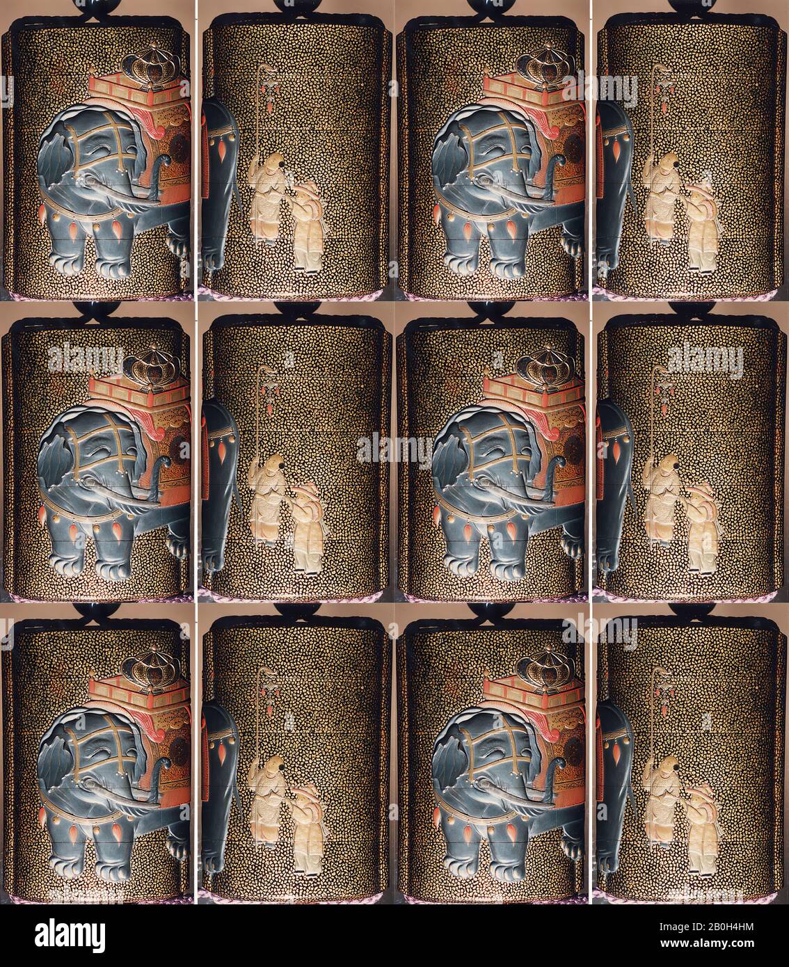 Cas (Inrō) avec conception de l'éléphant caporisé debout (obverse); Deux Karako avec Trumpet, bannière (inverse), Japon, XIXe siècle, Japon, Lacquer, roiro, hirame, or, argent et hiramakie colorée, takamakie; intérieur: Nashiji et fundame; chaque cas: Boîte en métal argenté, 3 11/16 x 9/16 x 1 (9,4 x 6,5 x 2,8 cm), Inrō Banque D'Images