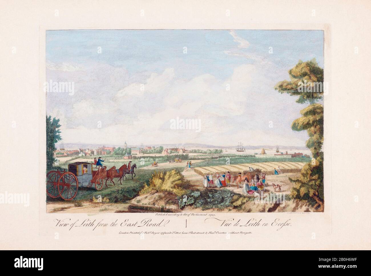 Vue sur Leith depuis la route est. Après une oeuvre du XVIIIe siècle de Paul Sandby. Colorisation ultérieure. Leith, Écosse. Banque D'Images