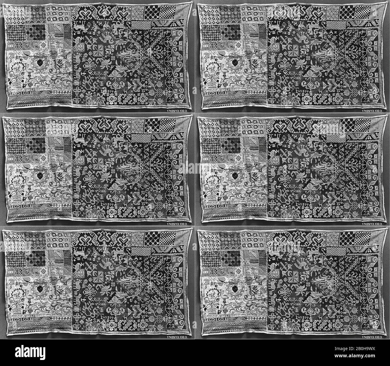 Échantillonneur, espagnol, 1766, espagnol, soie sur toile, L. 22 x W. 40 pouces, 55,9 x 101,6 cm, textiles brodés Banque D'Images