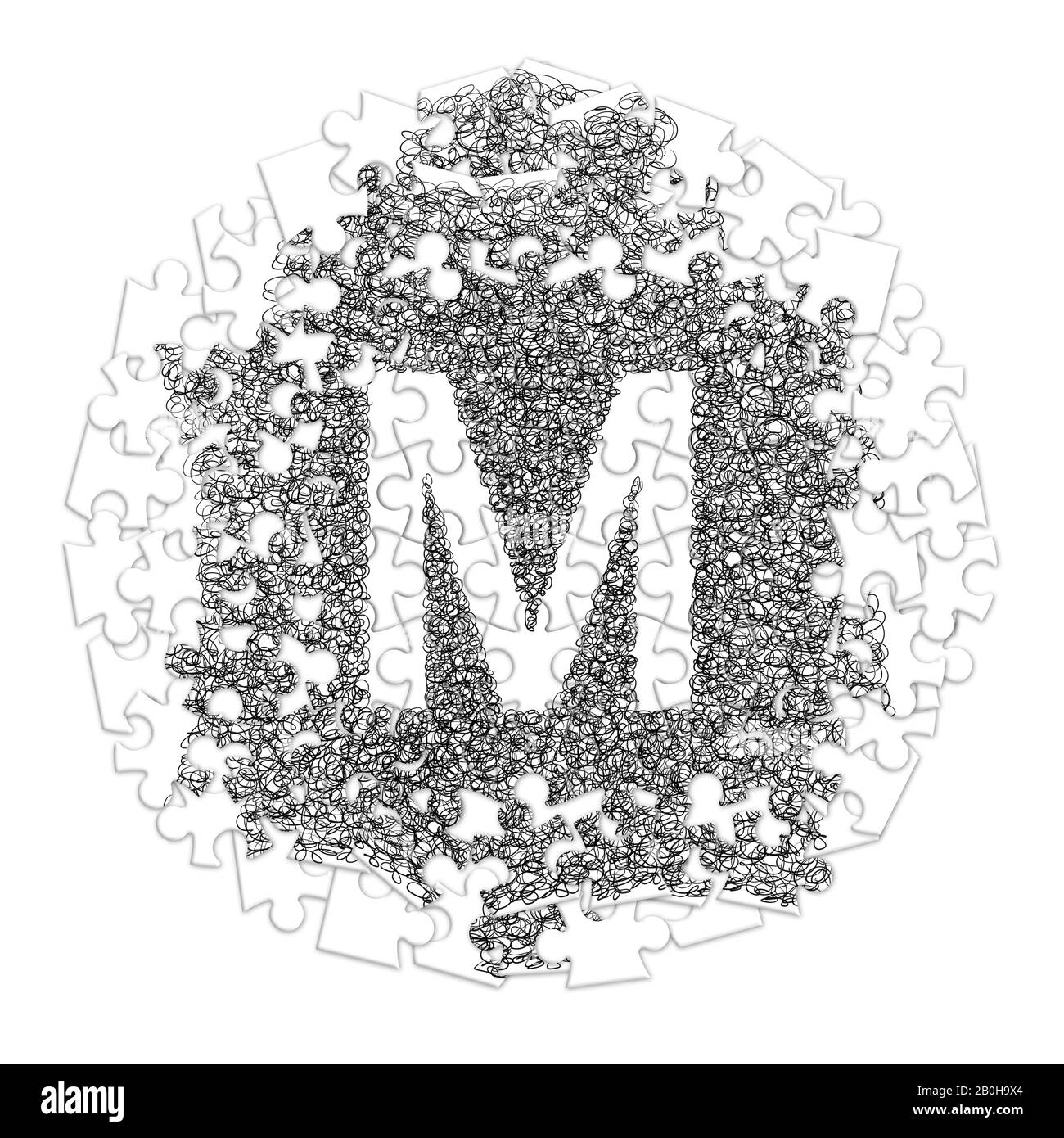 Lettre M. police faite À La Main dessinée avec un stylo graphique sur fond blanc en forme de puzzle Banque D'Images