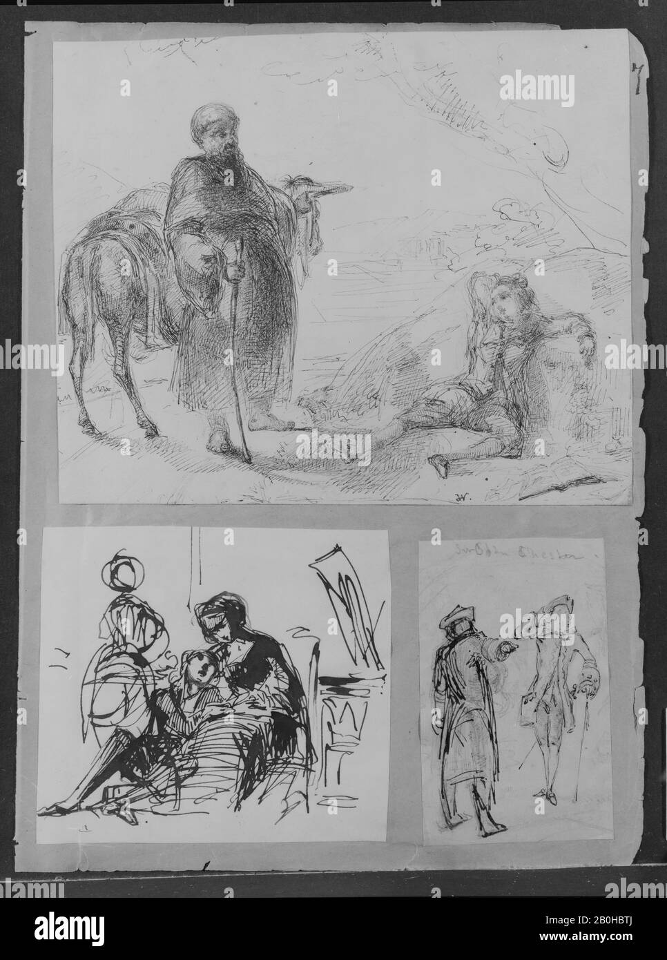 James McNeill Whistler, Man with Donkey and RecDoubing Boy (Recto); Deux Zones Bloquées en bleu: Chef de Man, chef et chef féminin (Verso) (tiré de Sketchbook), américain, James McNeill Whistler (américain, Lowell, Massachusetts 1834–1903 Londres), 1854–55, américain, noir et brun sur papier blanc cassé, 5 7/8 x 1/4 in. (14,9 x 18,4 cm), mises en plan Banque D'Images