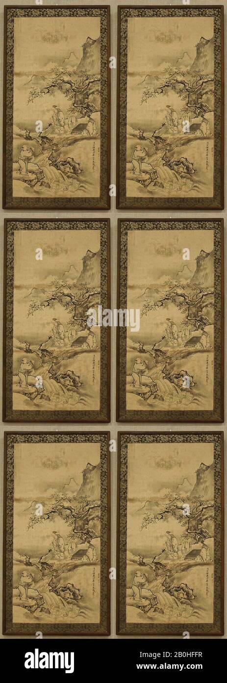 Kano artiste après Kano Tan'yū, esquisse pour une peinture de Scholars au Game of Go, Japon, Edo Period (1615–1868), Kano artiste après Kano Tan'yū (japonais, 1602–1674), daté de 1666, Japon, spirale suspendue montée comme panneau; encre et couleur sur papier, image: 33 x 16 po. (84,1 x 40,6 cm), Hors Tout avec montage : 36 1/2 x 18 5/8 in. (92,7 x 47,3 cm), encadrée : 37 7/16 x 19 7/8 po. (95,1 x 50,5 cm), Peintures Banque D'Images