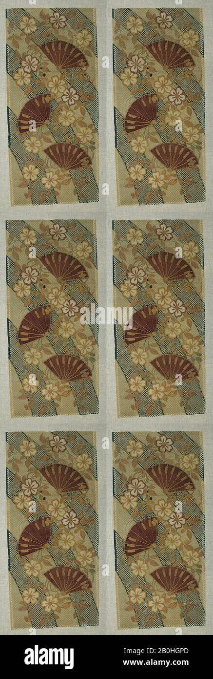 Pièce d'un kosode avec Ventilateurs et cerisiers en fleurs, Japon, période Edo (1615–1868), Date fin 17ème–première moitié du 18ème siècle, Japon, damassée de satin de soie (rinzu) brodée avec soie et fil métallique, Dans L'Ensemble: 27 11/16 x 12 3/4 in. (70,4 x 32,4 cm), textiles teints et brodés Banque D'Images