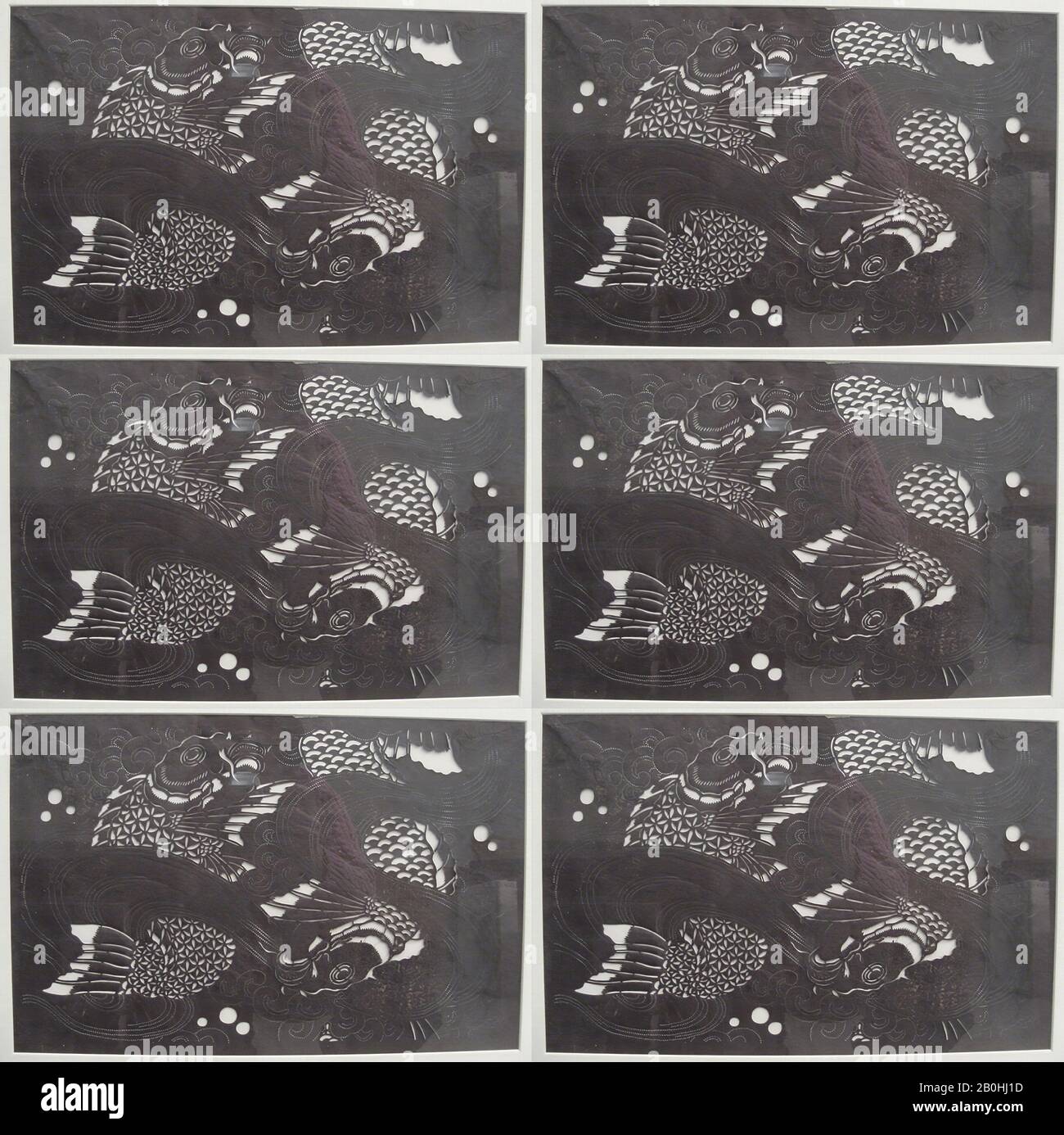 Pochoir à Deux carpes dans l'eau, Japon, 19ème–début 20ème siècle, Japon, papier, fil de soie, Quantité vue dans le tapis: 9 1/2 x 14 1/2 in. (24,1 x 36,8 cm), pochoirs Banque D'Images