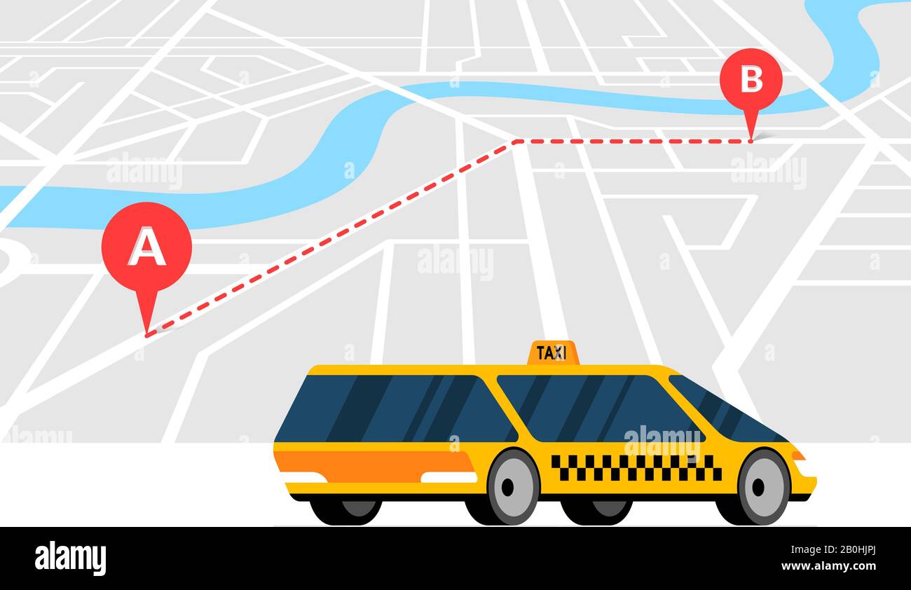 Concept de commande de taxi et de service de navigation. Itinéraire a à B avec géolocalisation gps broche adresse d'arrivée sur la carte isométrique de la ville et cabine jaune moderne. Obtenez une illustration du vecteur plat de la taxicab Illustration de Vecteur