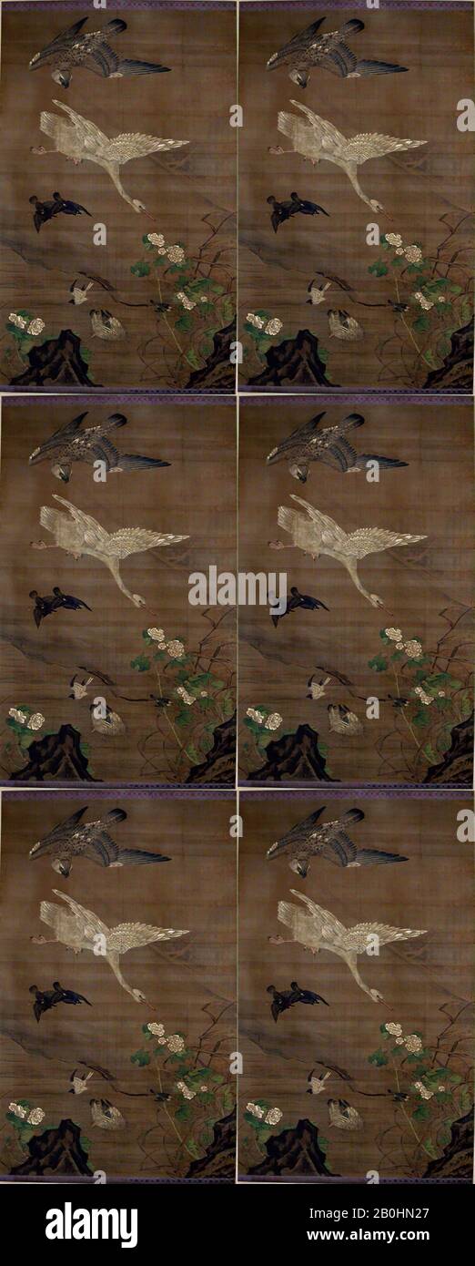 Oiseaux Poursuivis par un aigle, Japon, période Edo (1615–1868), Date fin XVIIe siècle, Japon, défilement suspendu; encre et couleur sur la soie, 64 9/16 x 40 11/16 in. (164 x 103,4 cm), Peintures Banque D'Images