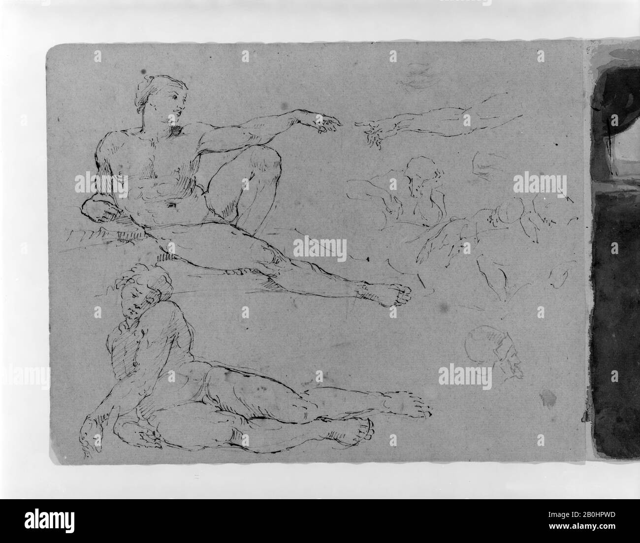 Thomas Sully, Création d'Adam; Dormant Adam, après Michaelangelo; Autres figures; Profil du chef de l'homme à Helmut (de Sketchbook), américain, Thomas Sully (américain, HornCastle, Lincolnshire 1783–1872 Philadelphie, Pennsylvanie), 1810–20, américain, encre, laver, sur papier, 9 x 11 1/2 po. (22,9 x 29,2 cm), mises en plan Banque D'Images