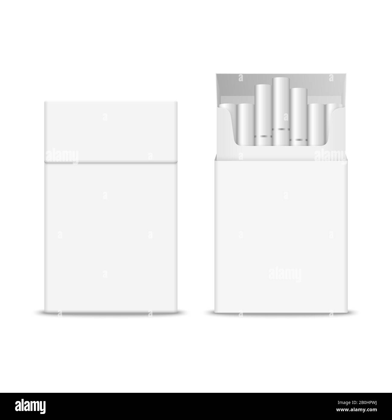 Vector 3-D Réaliste Fermé Et Ouvert Blanc Clair Vide Avec Cigarettes Pack Icône Boîte Définir Gros Plan Isolé Sur Fond Blanc. Modèle De Conception. Fumée Illustration de Vecteur