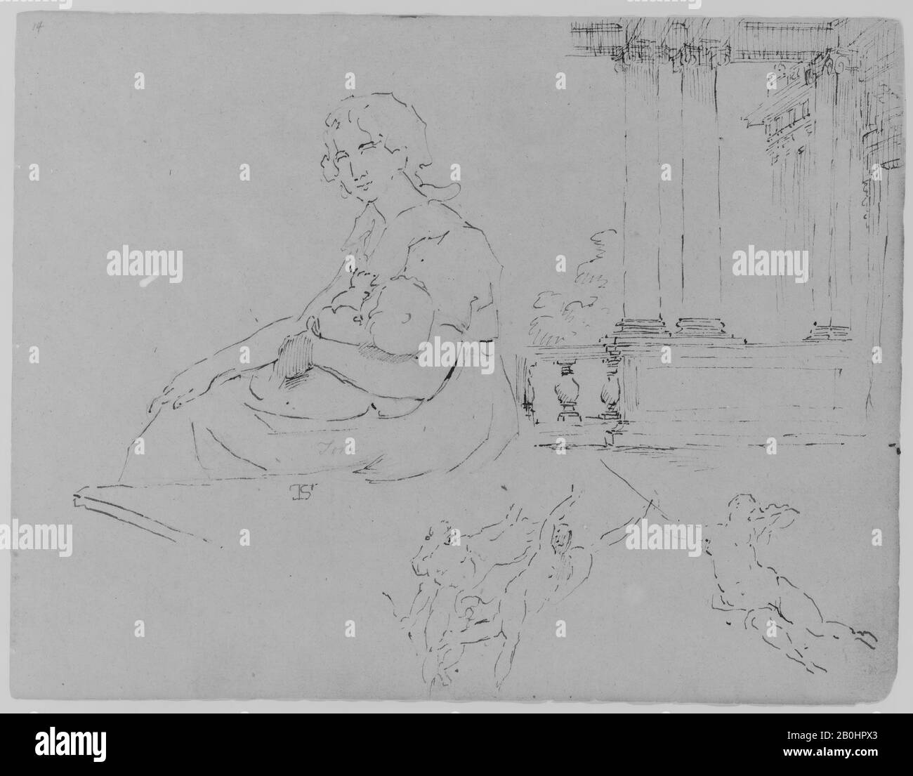 Thomas Sully, Assis Femme Tenant Bébé; Ionic Porche Et Balustrade, Trois Figures Éphémères (De Rubens Massacre Des Innocents? Ou Allegory of War) (tiré de Sketchbook), américain, Thomas Sully (américain, HornCastle, Lincolnshire 1783–1872 Philadelphie, Pennsylvanie), 1810–20, américain, encre, laver, sur papier, 9 x 11 1/2 in. (22,9 x 29,2 cm), mises en plan Banque D'Images